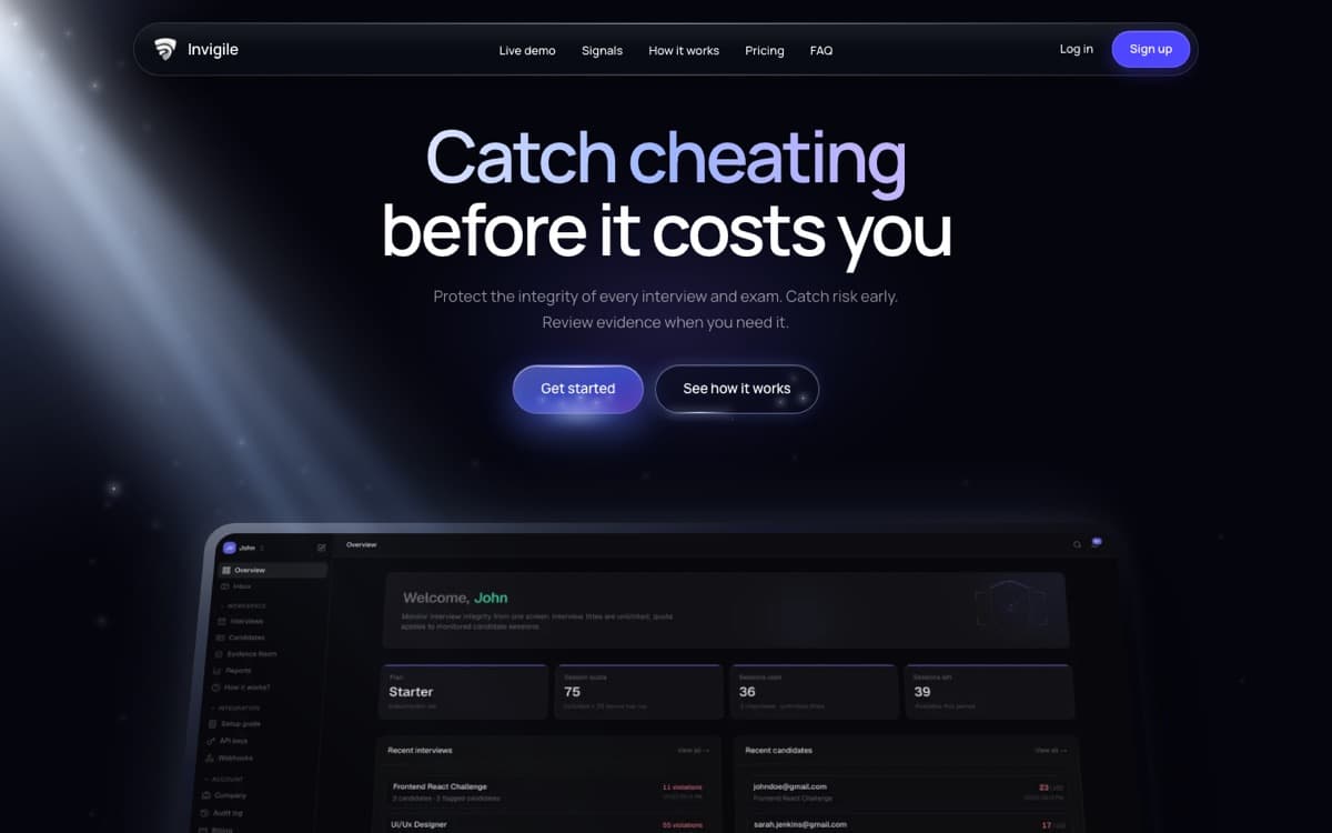 Invigile homepage with the headline “Catch cheating before it costs you”