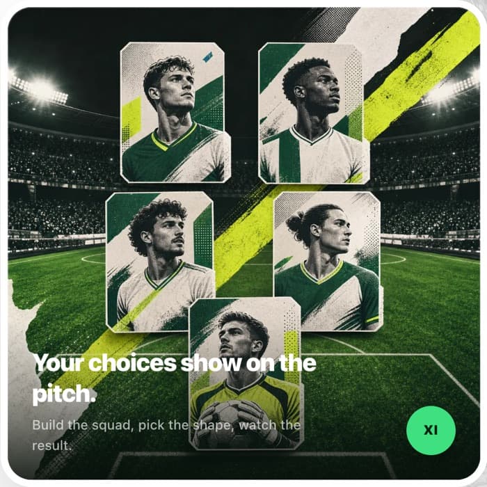 Mini Manager squad of five player cards on a football pitch, captioned “Your choices show on the pitch”