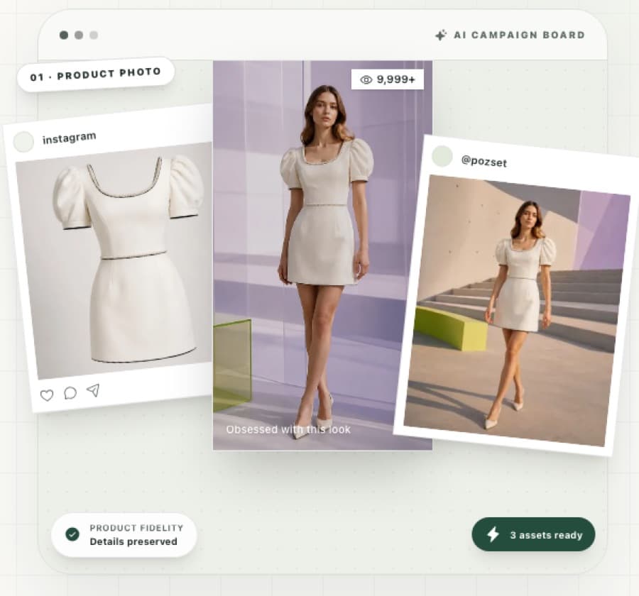 Pozset campaign board with AI-generated model and lifestyle shots of a dress