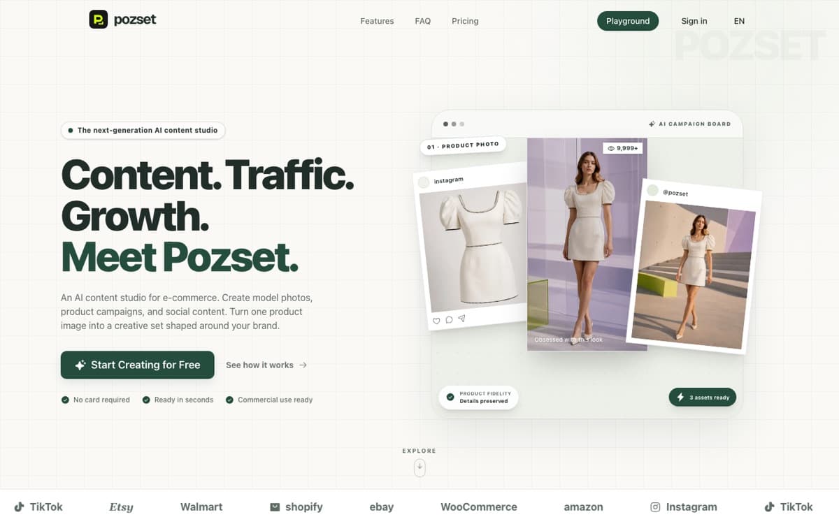 Pozset homepage with the headline “Content. Traffic. Growth.”